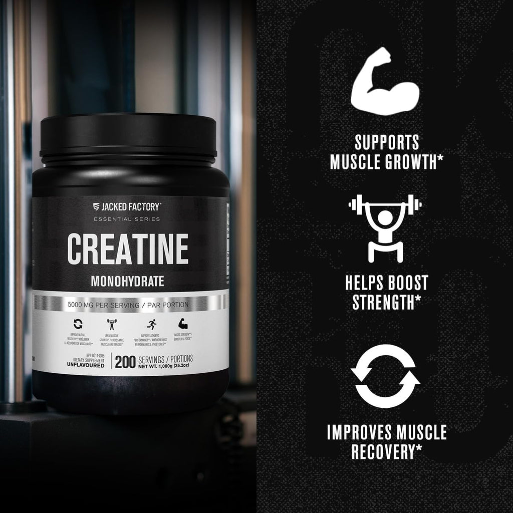 Jacked Factory Creatine Monohydrate Powder 1000g - 5g Daily Creatine Supplement for Men and Women, Vegan-Friendly, Third-Party Tested - 200 Servings, Unflavored