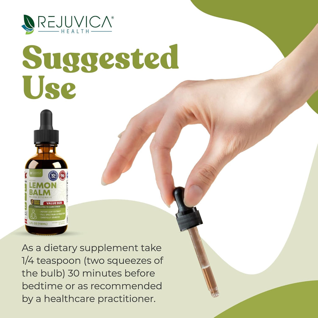 Rejuvica Health Active Lemon Balm 4oz XL Super Size - Advanced Lemon Balm Liquid Extract - Calm Support Drops - Vegan Sugar Free Non GMO Tincture