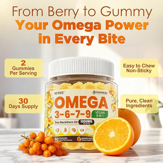 Omega 3-6-7-9 Gummies, Organic Sea Buckthorn Oil 1200MG & Flaxseed Oil 500MG, Vegan Omega 7 Supplement w/Vitamin A, C, E, Fatty Acids, No Fish Taste, Supports Skin, Eye, Immune, Brain Health, 60 Cts