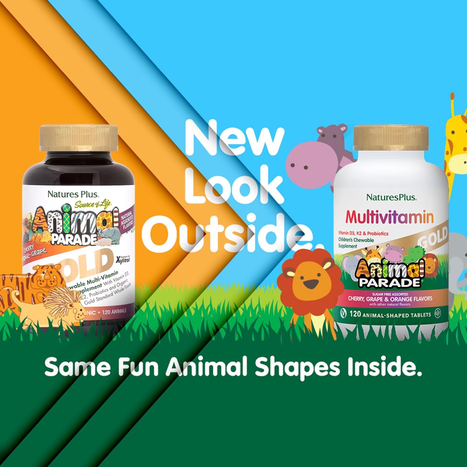 NaturesPlus Animal Parade Gold Children's Multivitamin - Assorted Cherry, Orange & Grape Flavors - 120 Animal-Shaped Chewable Tablets, Pack of 4 - Vegan, Gluten Free - 240 Total Servings