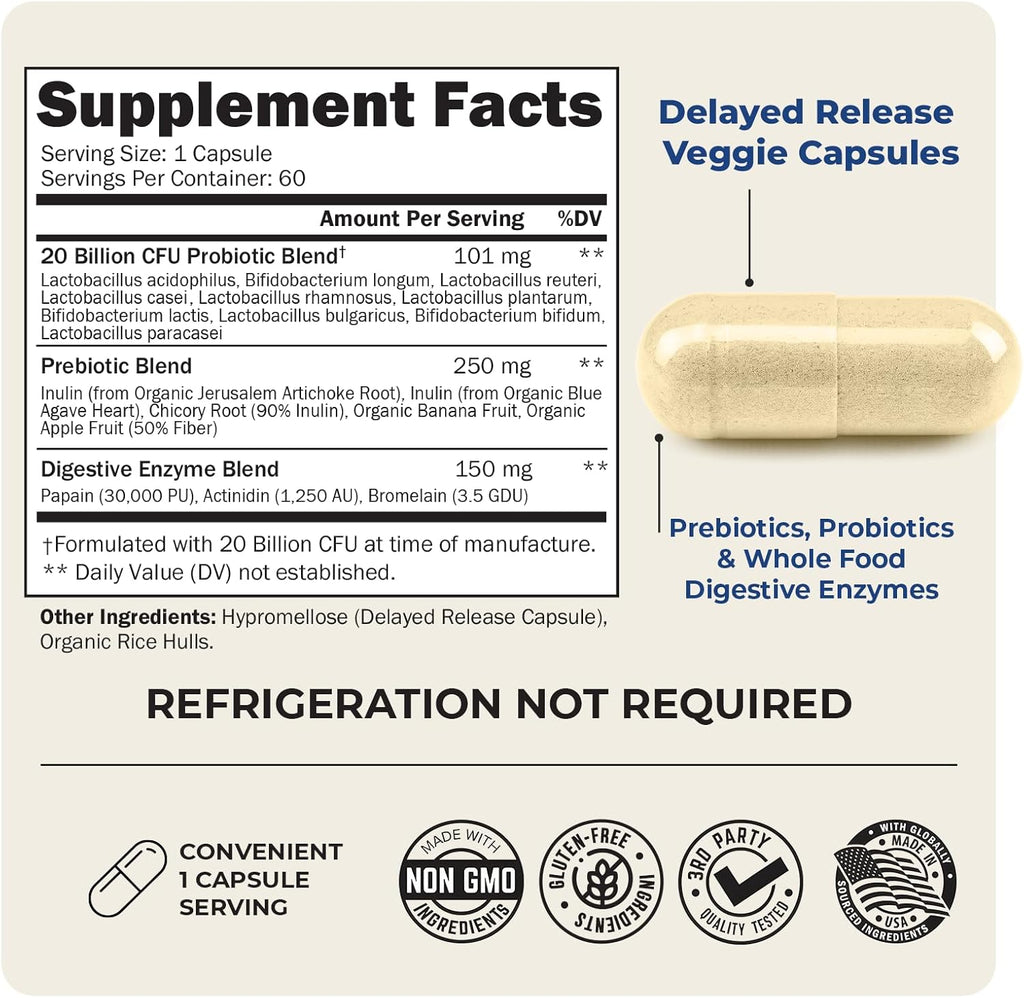 Advanced Prebiotics and Probiotics for Women & Men, Immune, Digestive & Gut Health with L. Reuteri, Inulin Fiber, Digestive Enzymes, Non-GMO, Gluten-Free, Dairy-Free, 60 Capsules