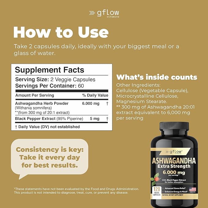 Ashwagandha Supplements for Women and Men 6000mg | Sleep, Mood and Energy Support | Extra Strength, Vegan Friendly, Non-GMO, Made in USA - Pack of 2