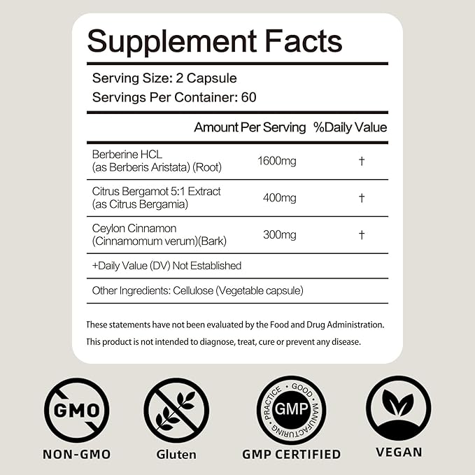 FraFr.gancia Berberine HCl Supplement with Ceylon Cinnamon & Citrus Bergamot – Botanical Formula for Daily Wellness – 120 Vegan Capsules