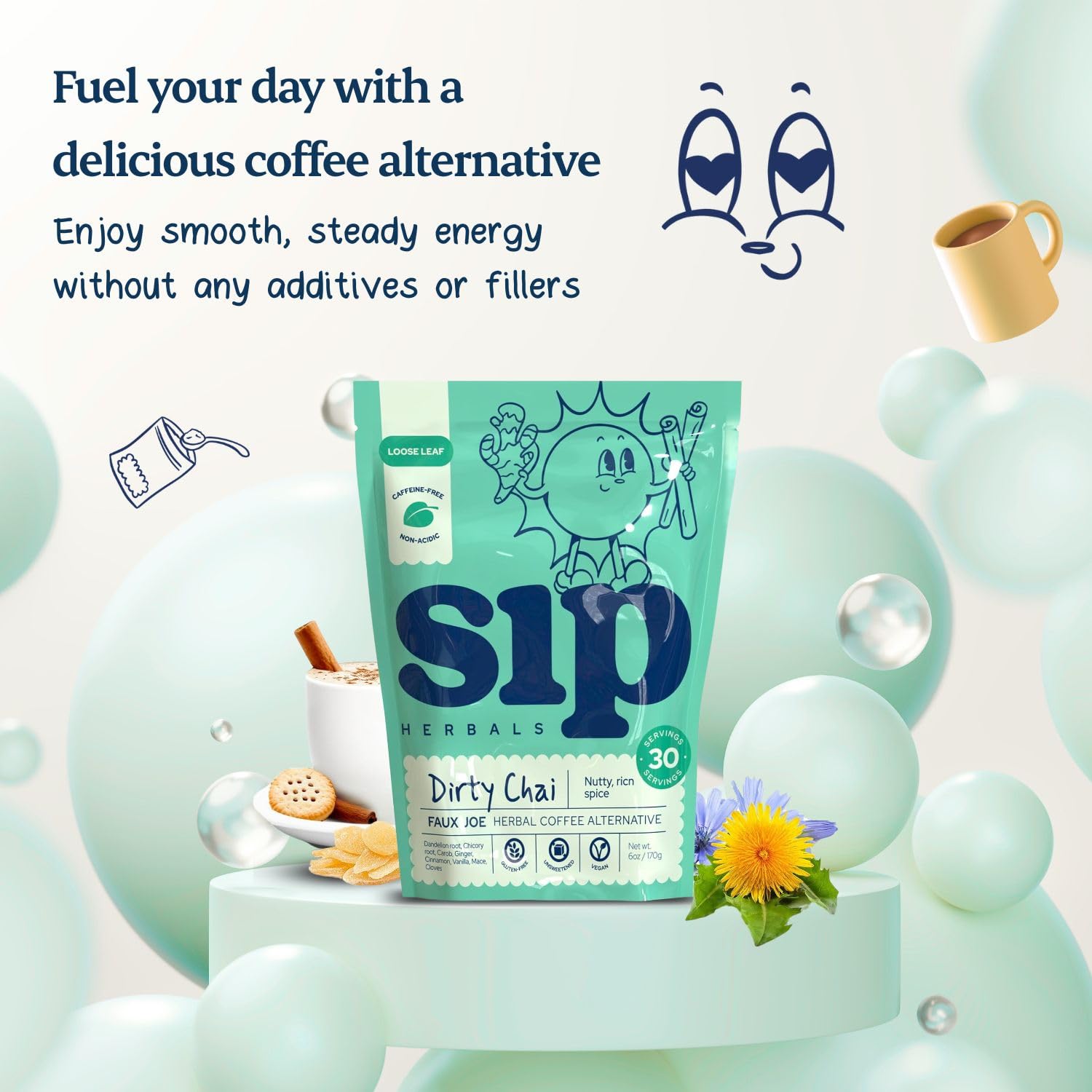 Sip Herbals Dirty Chai Roast Coffee Alternative Loose Leaf - Caffeine-Free Blend with Dandelion Root, Chicory, Cinnamon Clove - Rich Spiced Aroma & Balanced Flavor, As Seen on Shark Tank - 30 Servings