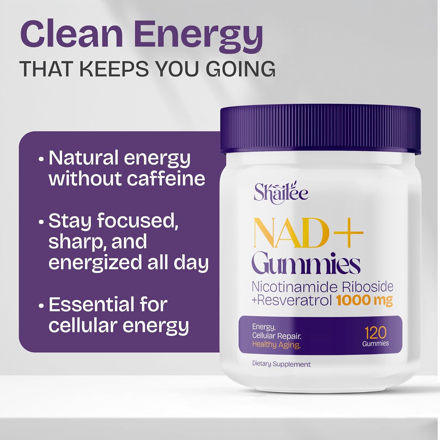 NAD+ Supplement with Resveratrol, 1000mg Liposomal Nicotinamide Riboside with Quercetin, NMN Supplement Alternative Supports Cellular Energy & Repair, 120 NAD Gummies for Brain Boost