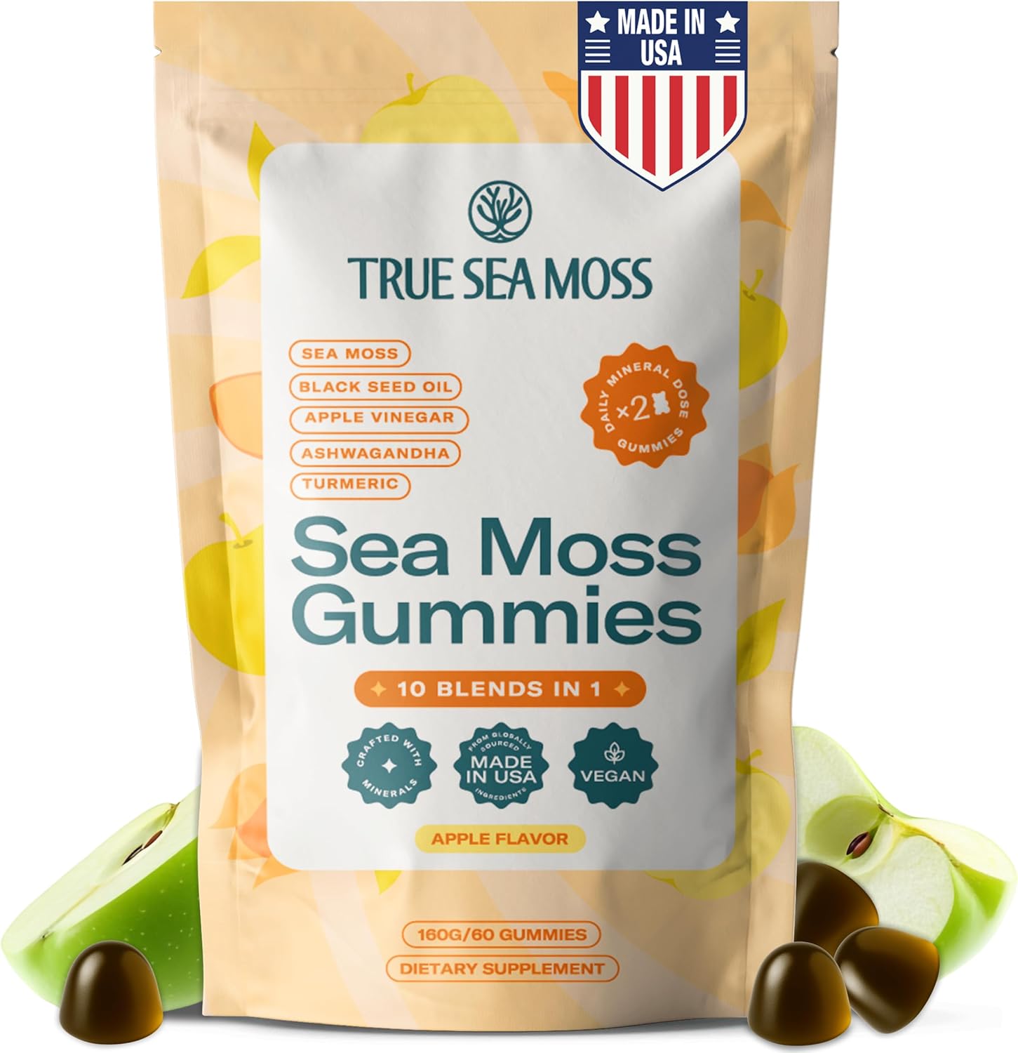 Sea Moss & Apple Cider Vinegar Gummies – 10-in-1 Herbal Blend with Black Seed Oil, Ashwagandha, Turmeric, Bladderwrack, Burdock Root & Dandelion – Vegan, USA Made, Natural Apple Flavor – 60 ct