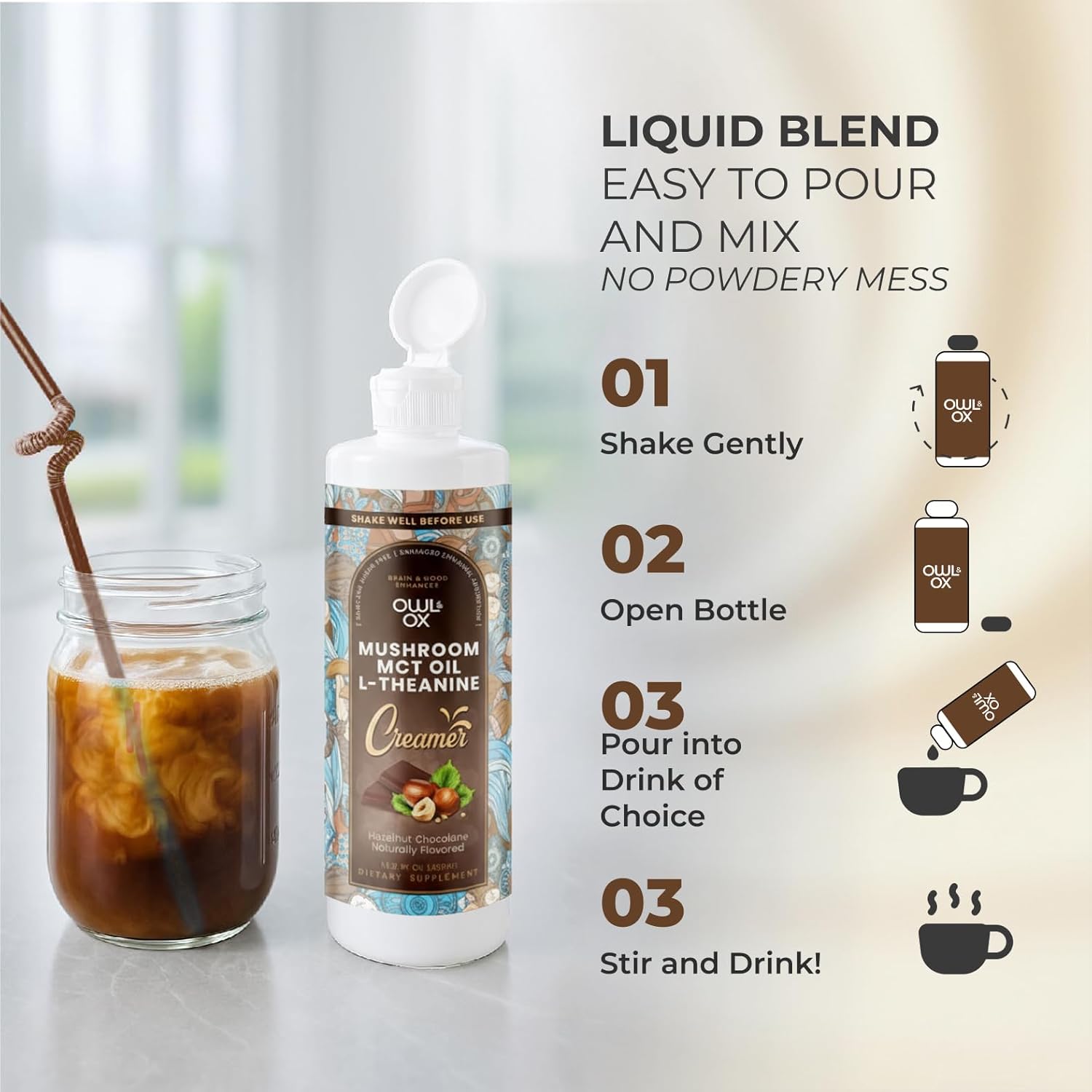 Mushroom Coffee Creamer with MCT Oil by Owl & Ox | L Theanine, Nootropic Superfood Blend, Vegan, Sugar Free, Dairy Free, Adaptogens, Plant Based & Keto Friendly, Hazelnut Chocolate Flavor, 30 Servings