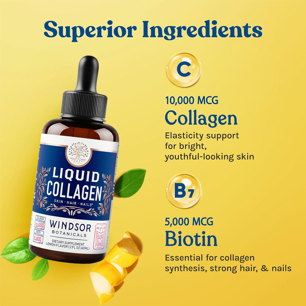 Concentrated Liquid Collagen Peptides Supplement - Hair, Skin, Nail, Joints Support - Sublingual Drops by WINDSOR BOTANICALS - 10,000mcg Collagen, 5,000mcg Biotin - Lemon Flavor - 2-Month - 2 oz