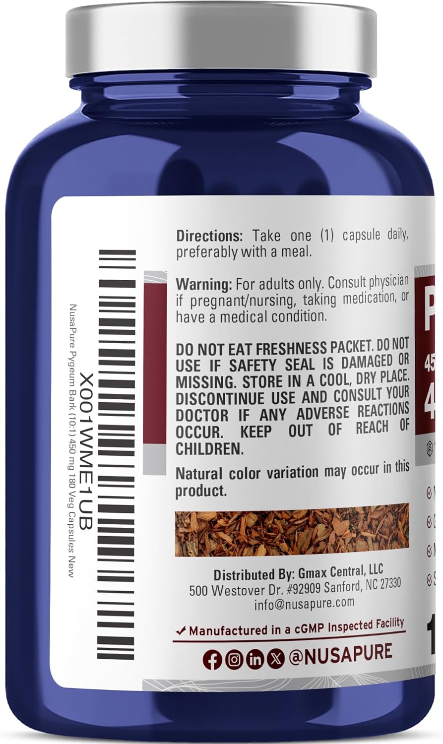 NusaPure Pygeum Bark 10:1 Extract, 450 mg Equivalent to 4,500mg 180 Veggie Caps (Non-GMO, Vegan)