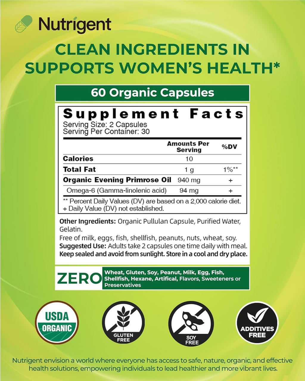 Organic Evening Primrose Oil Supplement, 940 mg 100% Pure with 10% GLA, High Absorption Liquid Organic Capsules, Promotes Women's Health & Skin Health, Cold Pressed, 60 Count