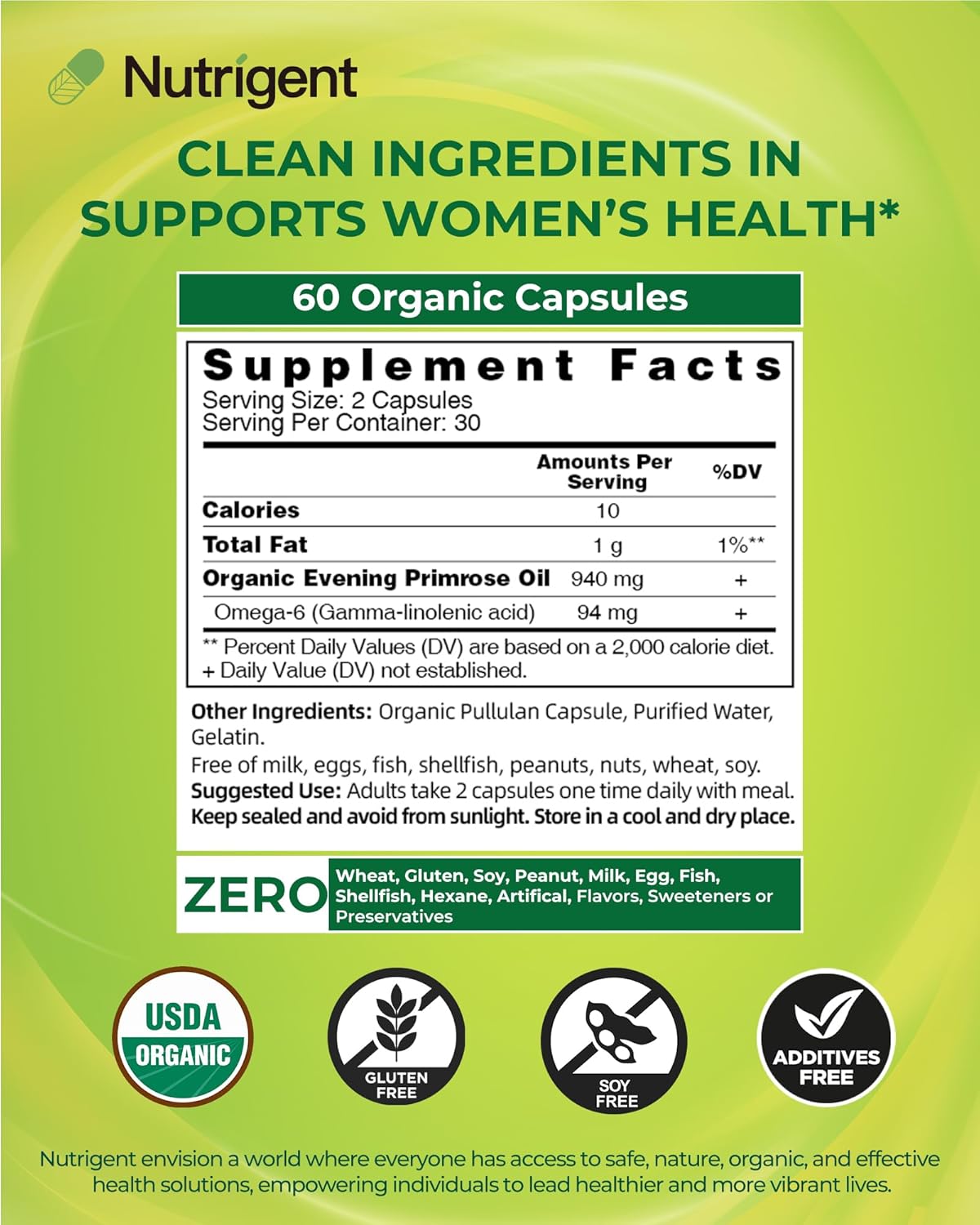 Organic Evening Primrose Oil Supplement, 940 mg 100% Pure with 10% GLA, High Absorption Liquid Organic Capsules, Promotes Women's Health & Skin Health, Cold Pressed, 60 Count