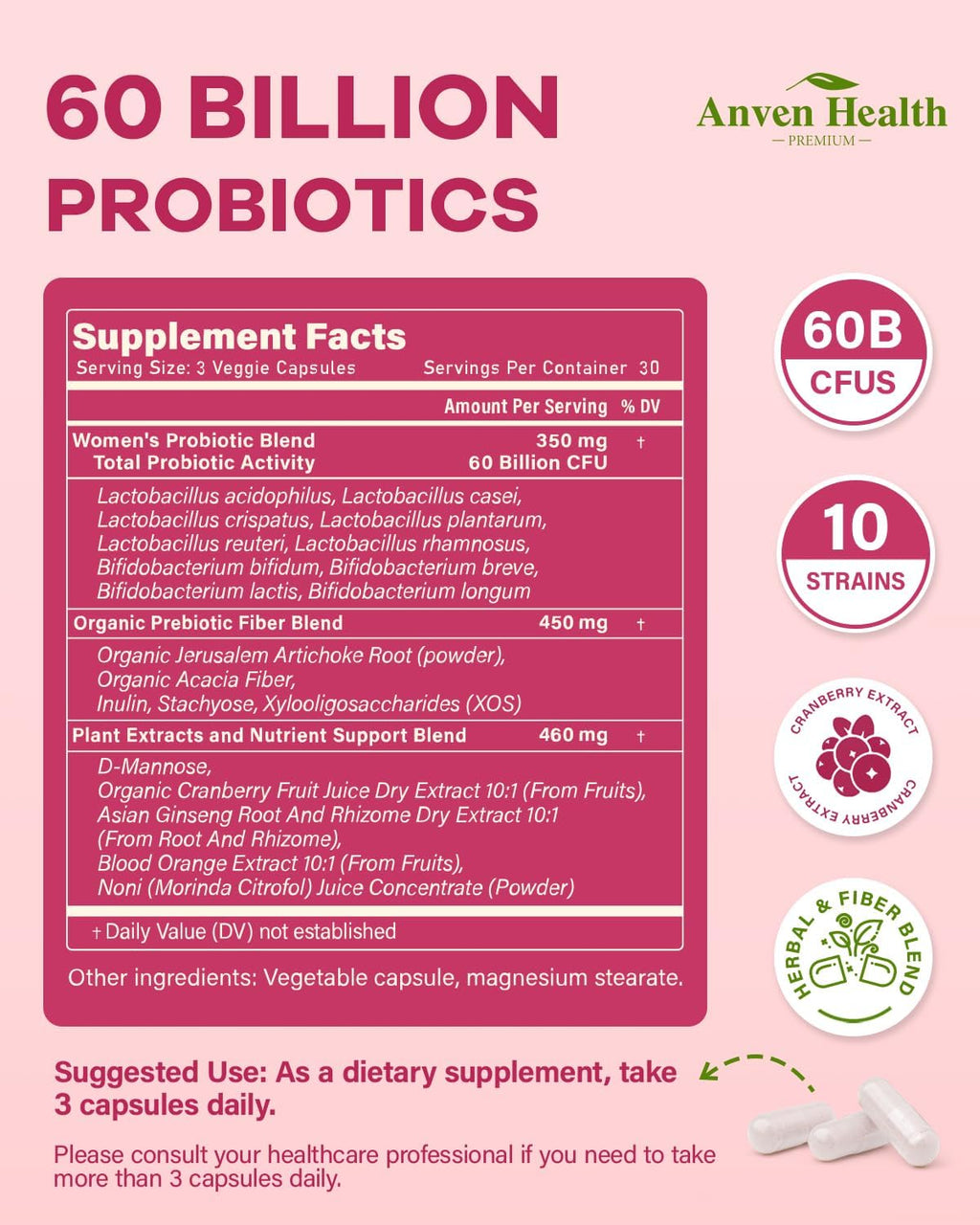 Probiotics for Women Digestive Health - 60 Billion Vaginal Probiotic Organic Prebiotics with Cranberry & D-Mannose for Gut, Urinary, Immune Health, Vegan & Non-GMO | 90 Capsules