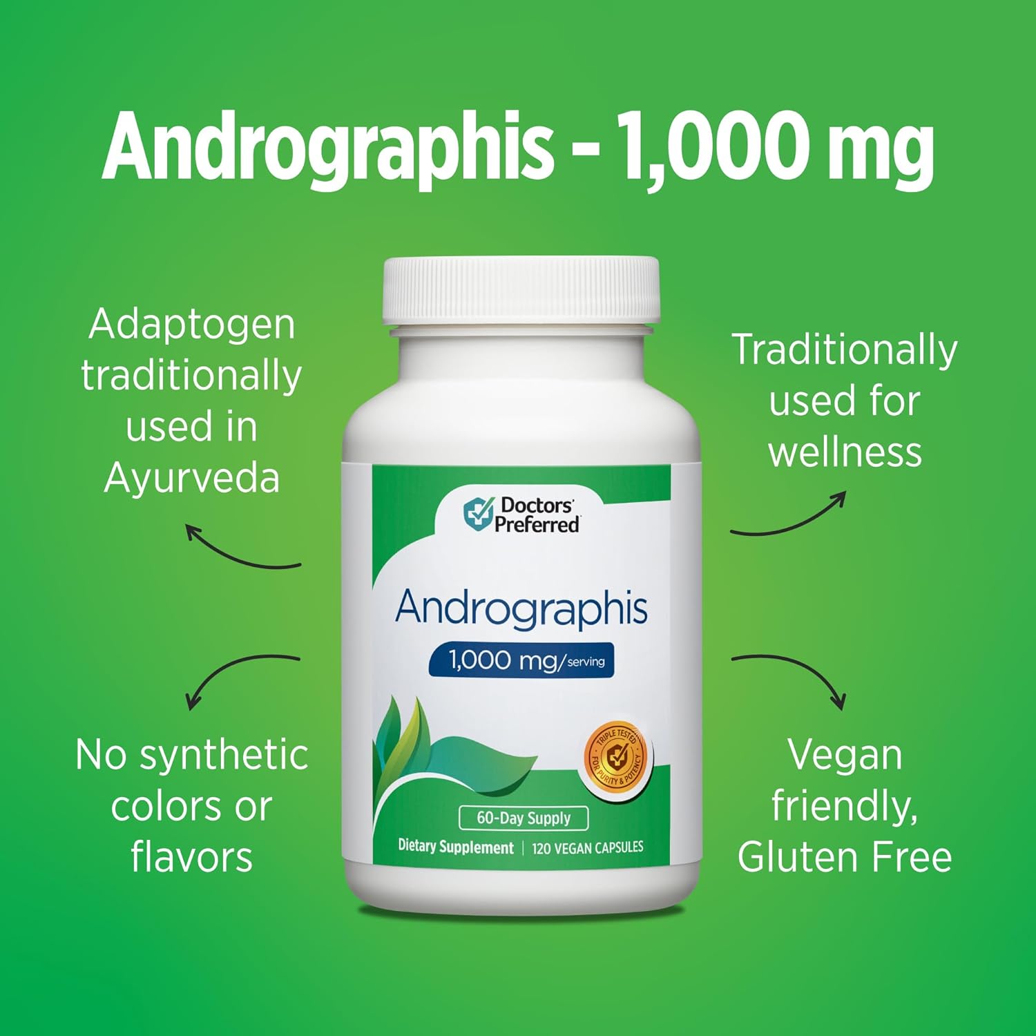DOCTORS' PREFERRED Andrographis Extract - 1,000 mg/Serving, 120 Vegan Capsules