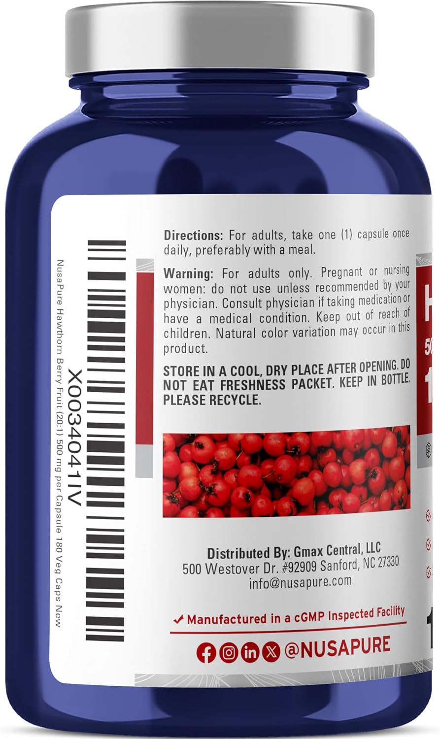 NusaPure Hawthorn Berry 20:1 Extract, 500 mg Equivalent to 10,000 mg 180 Veg Caps, Suitable for Vegetarians, Vegan, Non-GMO Dietary Supplement