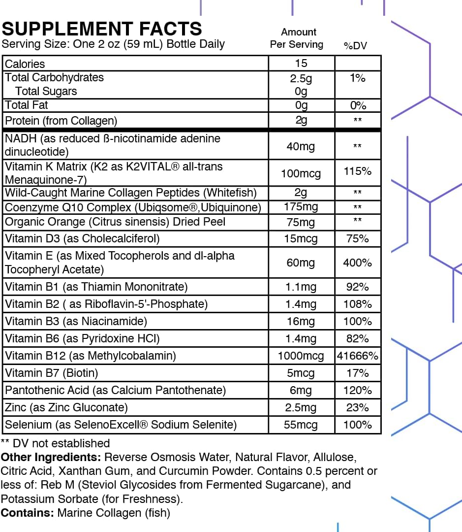 Strong Cell | Cellular Function Booster Liquid | NADH, CoQ10, Collagen. 90+% Absorption Rate. Vitamins B1, B2, B3, B6, B7, and B12. Vitamin K2.