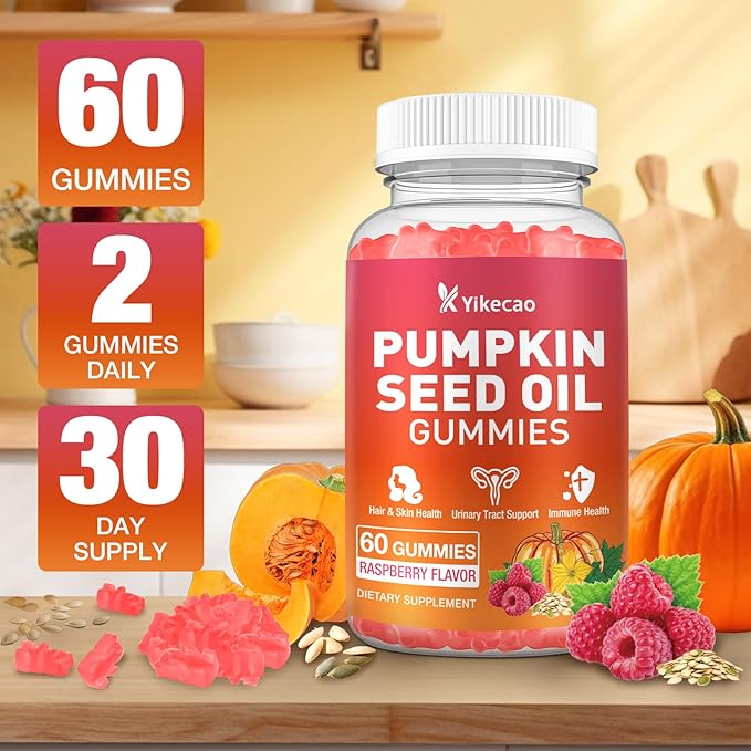 2 Pack Pumpkin Seed Oil Gummies, Pumpkin Seed Oil Supplement with Saw Palmetto for Hair Growth, Youthful Skin & Prostate Health, Non-GMO, Gluten Free, Vegan, Sugar Free, Raspberry Flavor, 120 Count