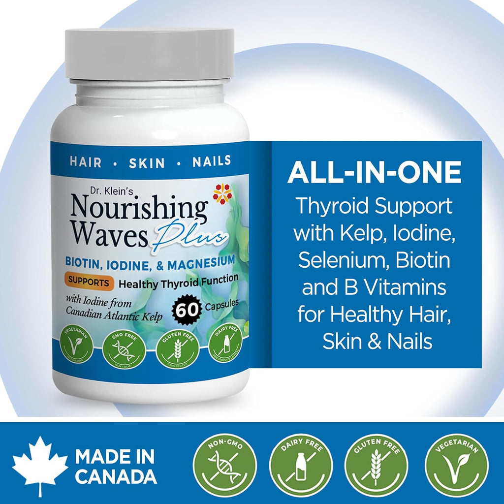 Nourishing Waves Plus - Thyroid Support Supplement with Kelp, Iodine, Selenium & Biotin - Vitamin B Complex (B1, B3, B6) for Healthy Hair, Skin & Nails for Men & Women, Prevent Hair Loss - 60 Capsules