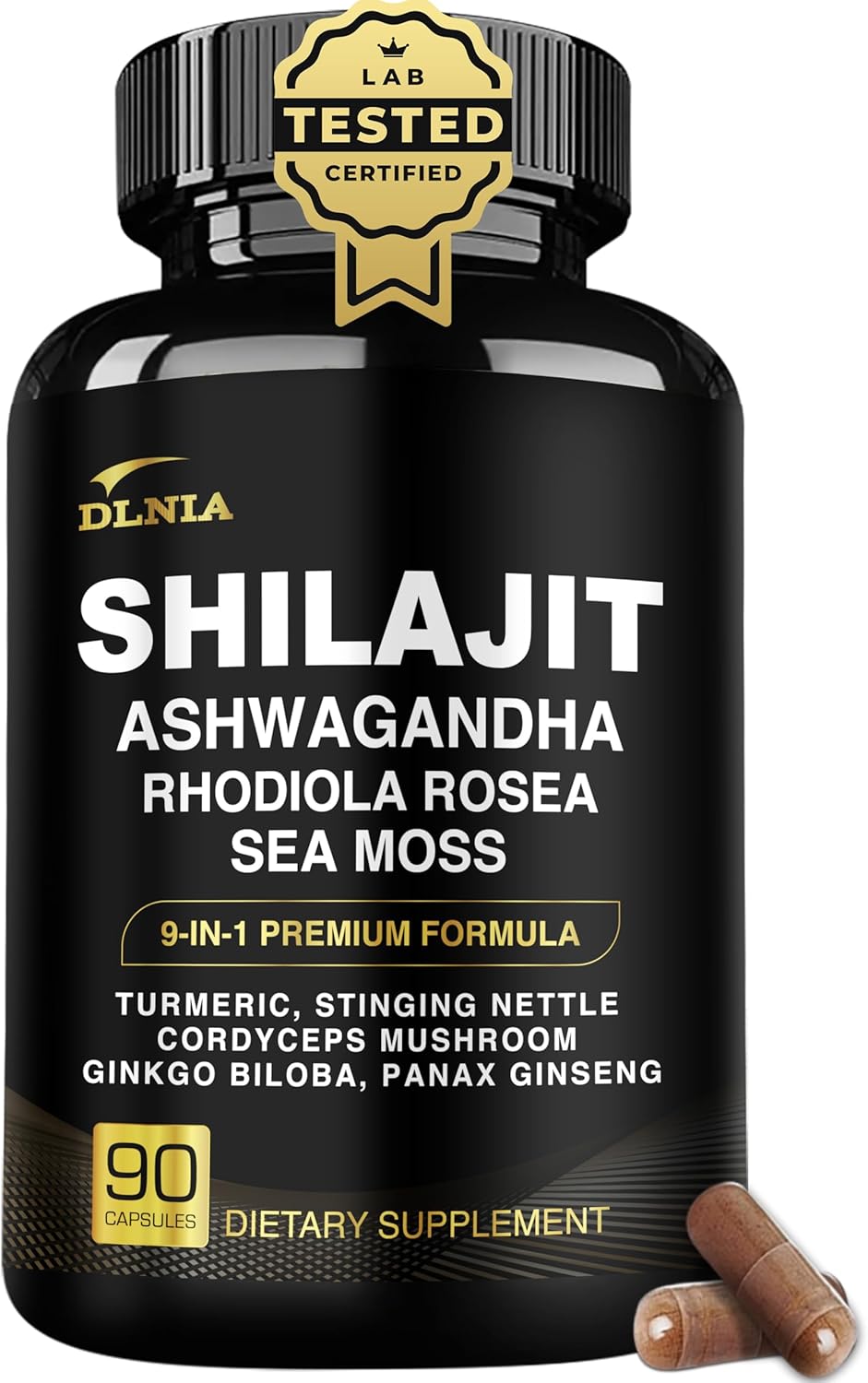 Shilajit 9-in-1 Capsules – Organic Himalayan Complex with Ashwagandha, Sea Moss, Turmeric & More – Vegan, Lab-Tested, Immune & Energy Support for Men & Women – 90 Capsules