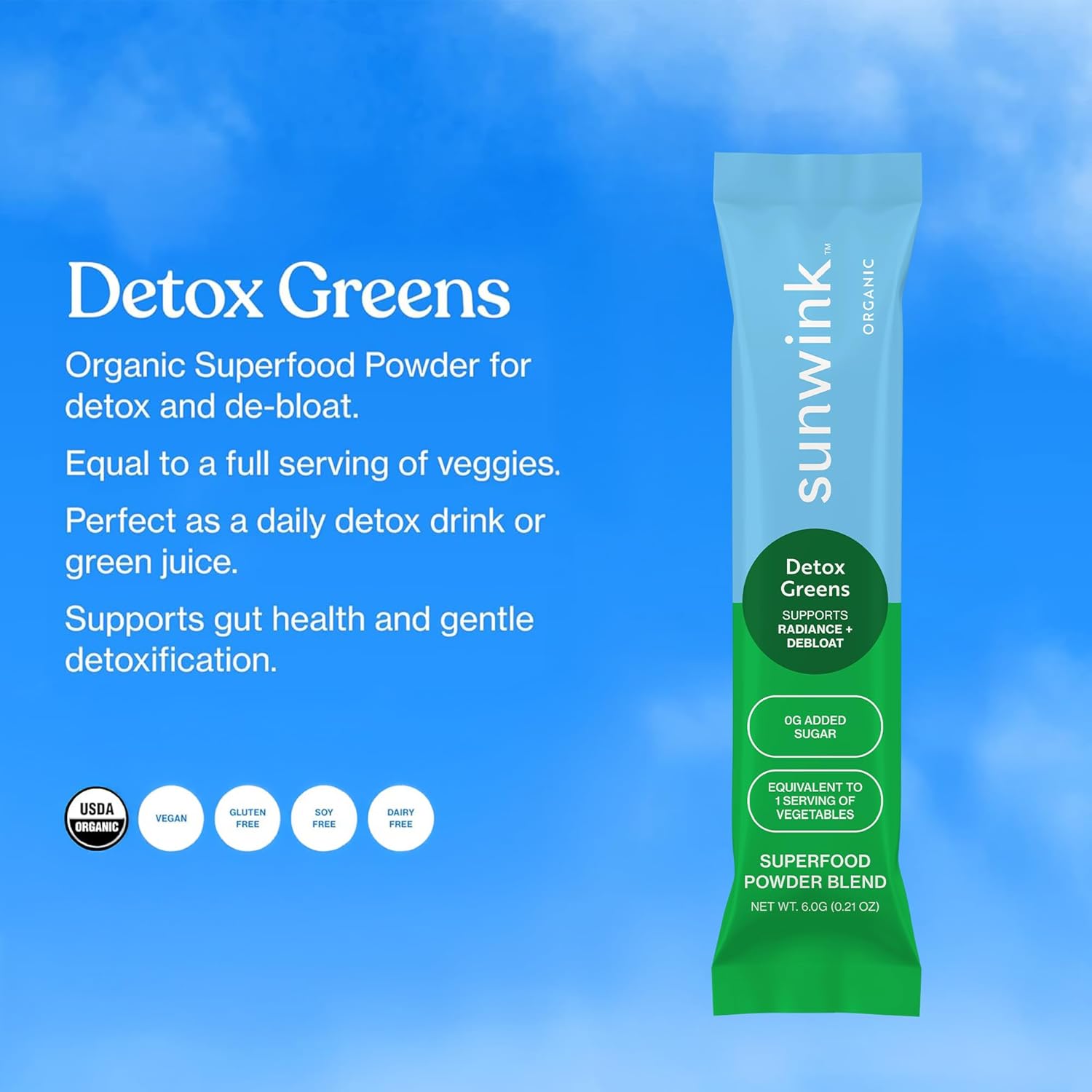 Sunwink Detox Powdered Greens - Organic Greens SuperFood Powder for Debloat - Super Greens Powder w/Celery, Dandelion, Spirulina - Daily Greens Powder for Gentle Detox (6g Each, Pack of 15)