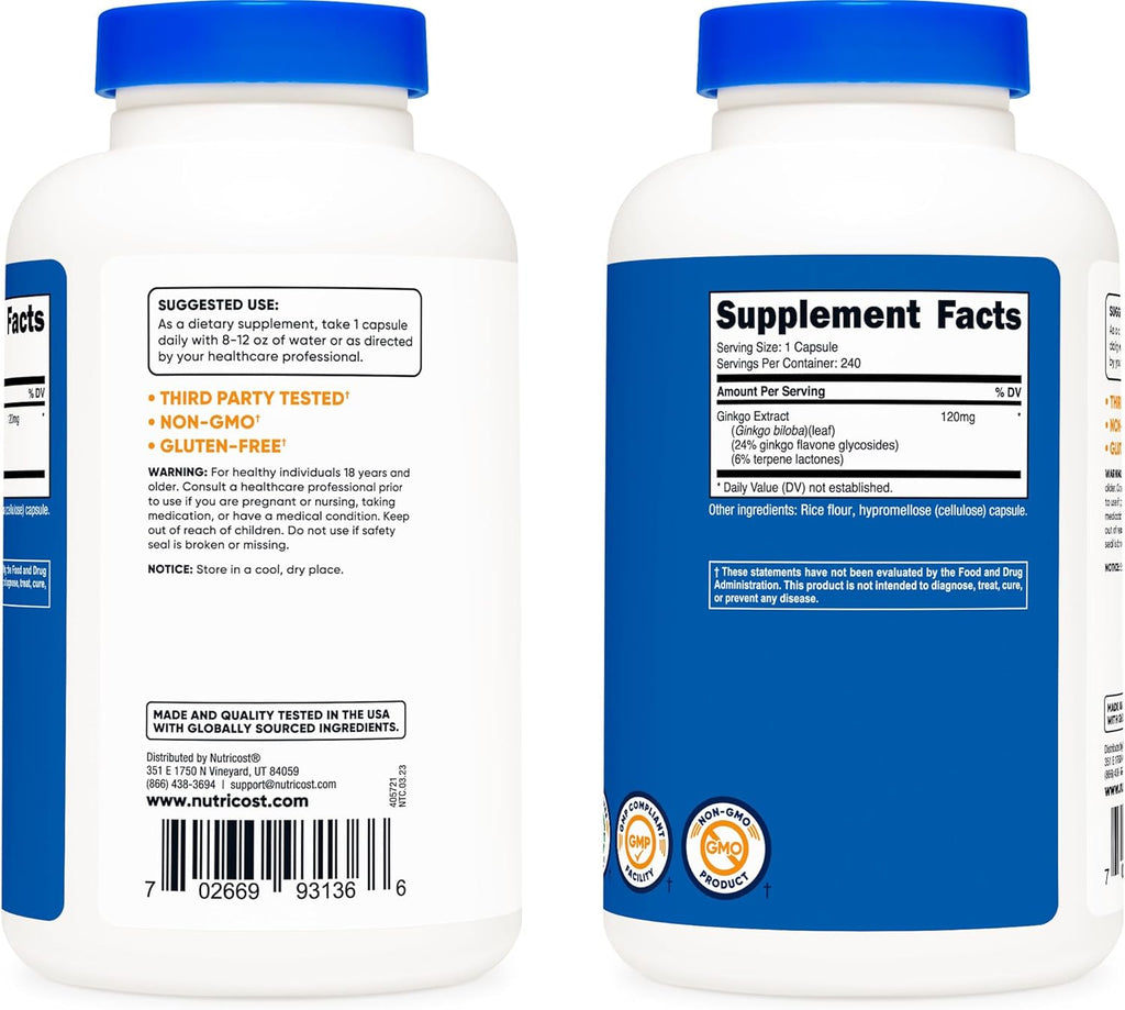 Nutricost Ginkgo Biloba 120mg; 240 Capsules (3 Bottles)