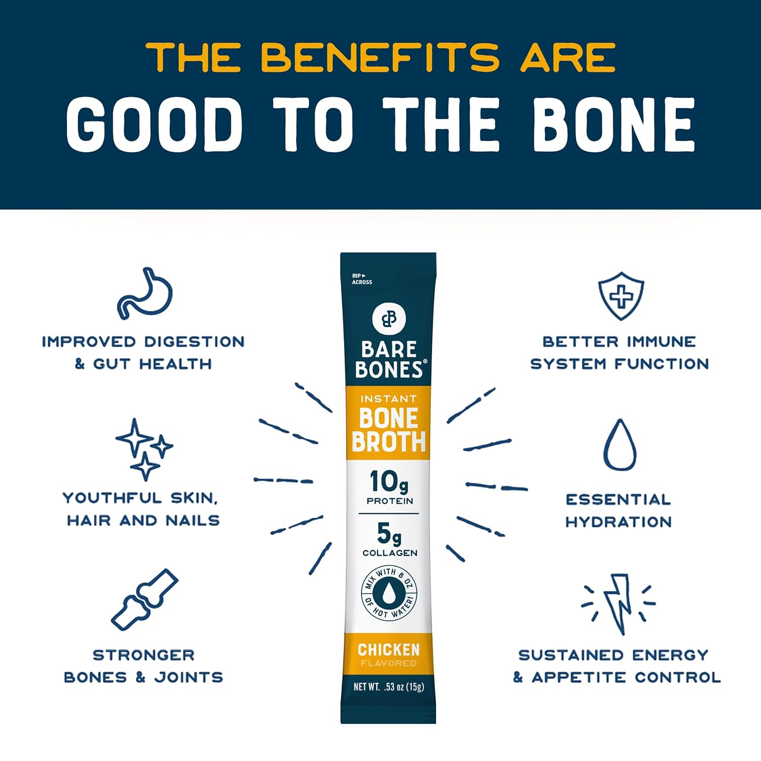 Bare Bones Chicken Bone Broth Instant Powdered Mix | Rich Savory Packets on-the-Go No Artificial Flavors | Keto & Paleo Friendly | 10g Protein | 16 Pack