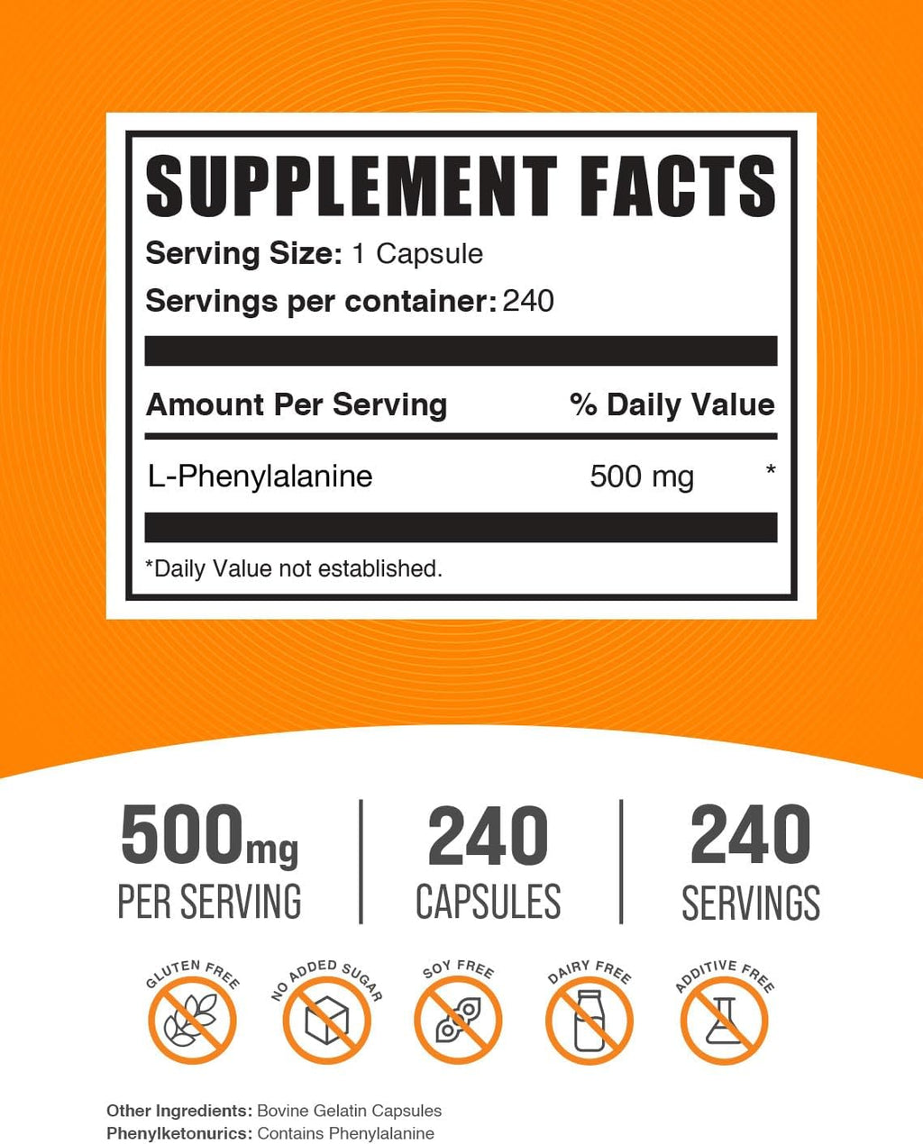 BulkSupplements.com L-Phenylalanine Capsules - Phenylalanine Supplement, L-Phenylalanine 500mg - Gluten Free, 1 Capsule per Serving, 240 Capsules (Pack of 1)