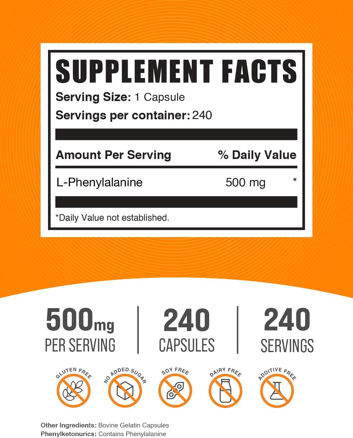 BulkSupplements.com L-Phenylalanine Capsules - Phenylalanine Supplement, L-Phenylalanine 500mg - Gluten Free, 1 Capsule per Serving, 240 Capsules (Pack of 1)