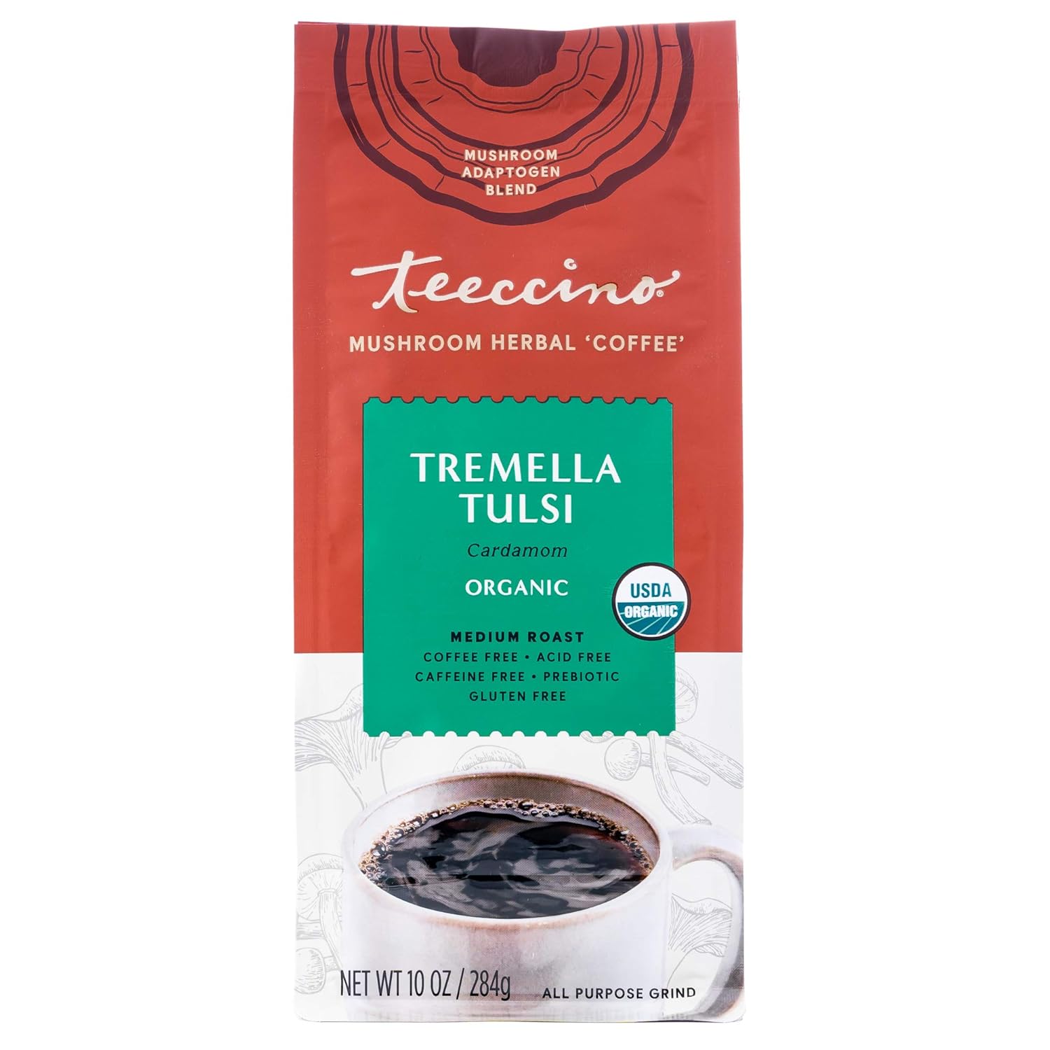 Teeccino Tremella Tulsi Coffee Alternative - Cardamom - Organic Adaptogenic Herbal Mushroom Coffee, Medium Roast, Caffeine Free, Prebiotic, Acid Free, Gluten Free - 10 Oz