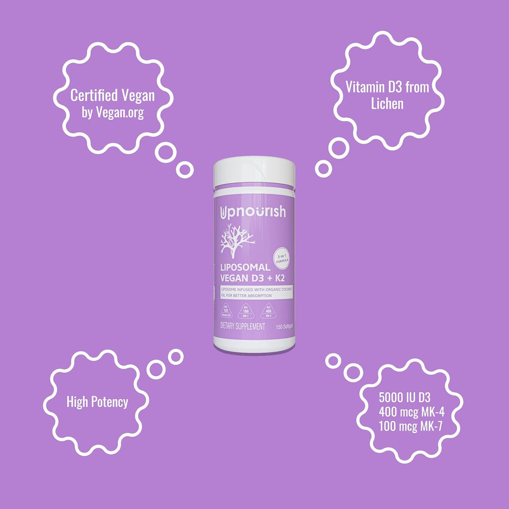 UpNourish Certified Vegan Vitamin D3 5000 IU K2 MK4 MK7 500 mcg Supplement, 150 Softgels, Plant Based Liposomal Vitamin D K with Organic Coconut Oil, Non GMO, Gluten and Gelatin Free