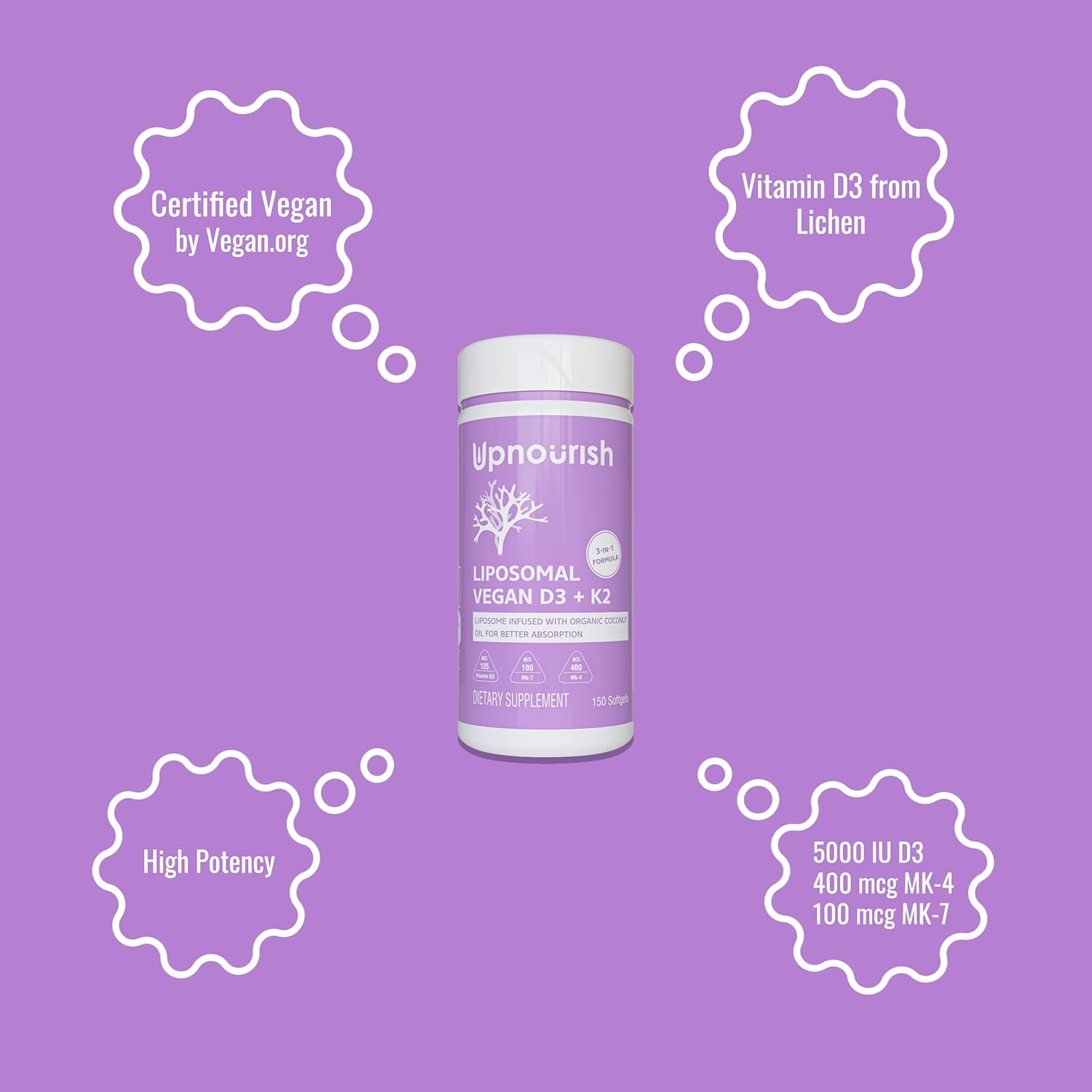 UpNourish Certified Vegan Vitamin D3 5000 IU K2 MK4 MK7 500 mcg Supplement, 150 Softgels, Plant Based Liposomal Vitamin D K with Organic Coconut Oil, Non GMO, Gluten and Gelatin Free