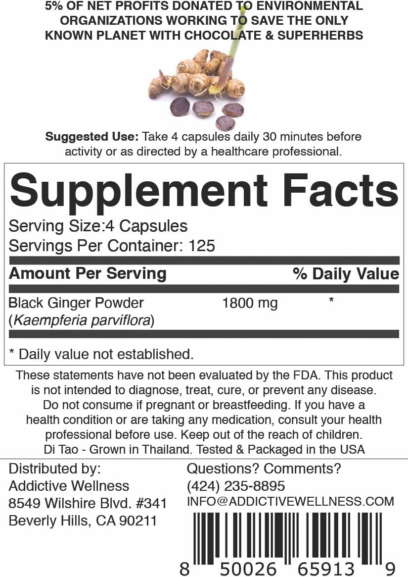 Addictive Wellness Black Ginger Capsules 450mg, Kaempferia Parviflora Supplement to Support Energy, Metabolism, Endurance & Performance, Thai Black Ginger for Men, Vegan & Paleo, 500 Count