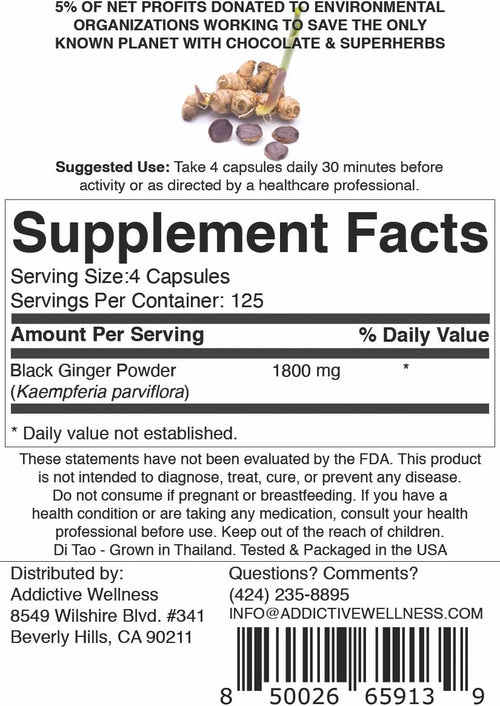 Addictive Wellness Black Ginger Capsules 450mg, Kaempferia Parviflora Supplement to Support Energy, Metabolism, Endurance & Performance, Thai Black Ginger for Men, Vegan & Paleo, 500 Count