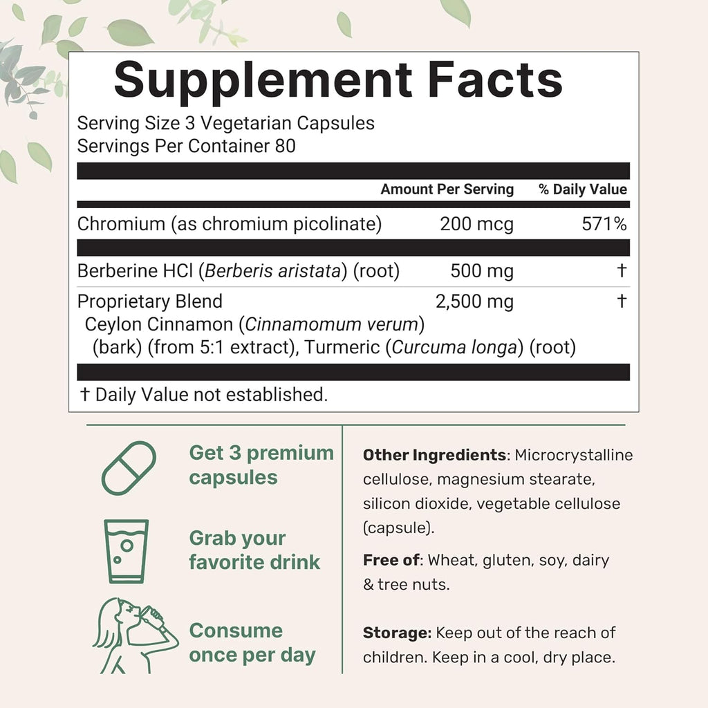 Berberine with Ceylon Cinnamon, Chromium, & Turmeric | 3,000mg Equivalent | 240 Veggie Capsules | High Potency Berberine HCl Root + Cinnamon Bark Extract | Heart Health & Immune Support Supplement*