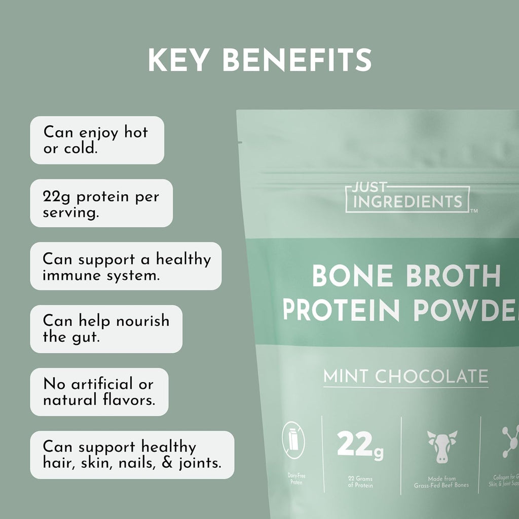 Bone Broth Protein Powder – Mint Chocolate | 15 Servings | 21g Grass-Fed Protein per Serving | Dairy-Free | Collagen for Gut, Skin & Joint Support | Made with Real Food Ingredients