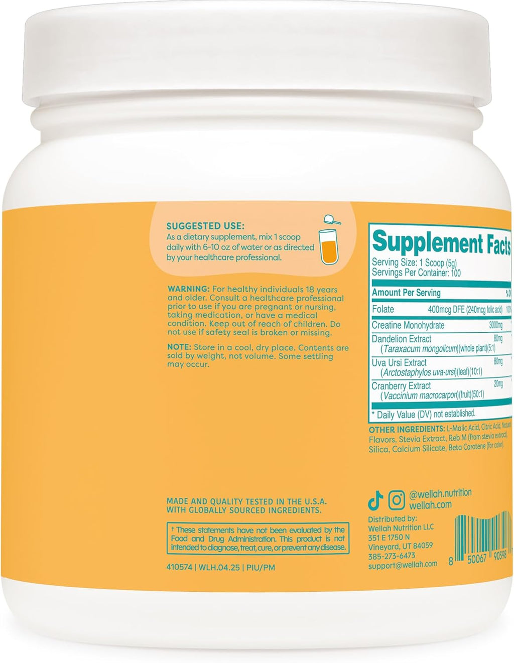 Wellah Creatine for Women - Creatine Monohydrate with Dandelion & Cranberry Extract (100 Servings, Pineapple Mango)