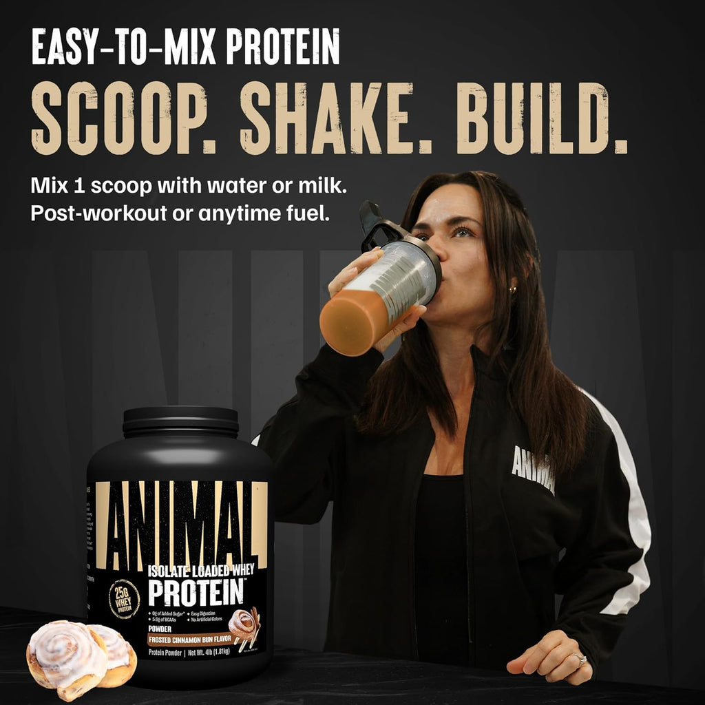 Animal Whey Isolate Protein Powder - Loaded for Pre & Post Workout Muscle Builder and Recovery with Digestive Enzymes for Men & Women - 25g Protein, Great Taste, Low Sugar - Frosted Cinnamon Bun 4 lbs