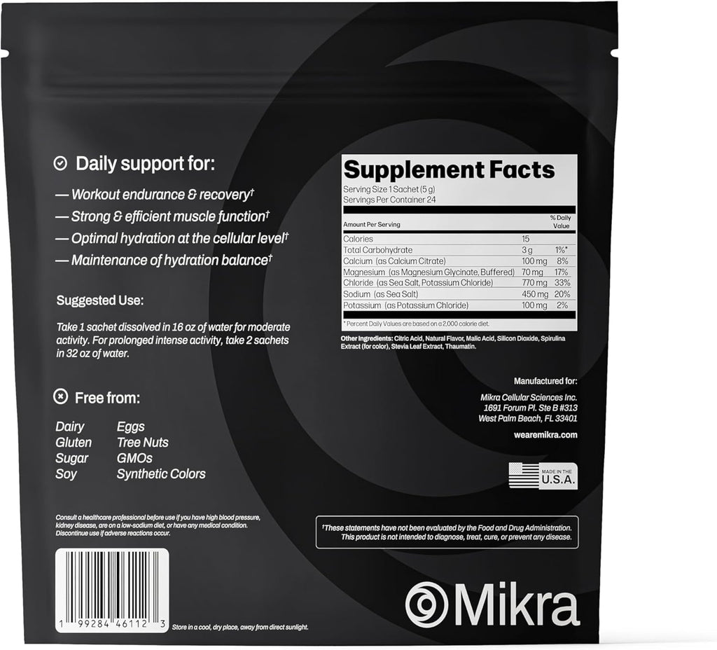 Mikra Hydrate Electrolytes Powder Packets, Sugar Free Hydration Powder Sticks, Naturally Flavored Electrolyte Drink Mix for Needed Hydration Support, Daily Wellness & Workout, Blue Raspberry, 24 Pack