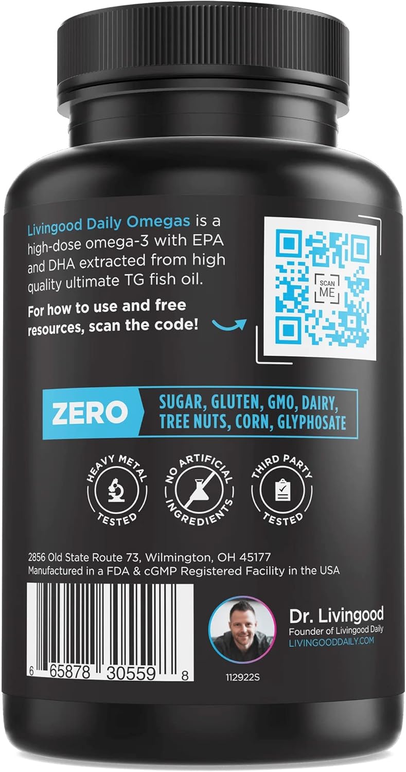 Livingood Daily Fish Oil Omega 3 Supplement, EPA and Dha from Wild Caught Fish, Omega 3 Fatty Acids for Heart, Brain, and Joint Health for Men and Women, Gluten Free, 30 Day Supply, 60 Softgels