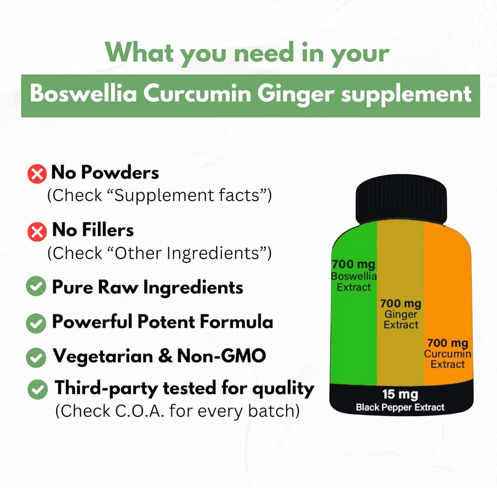 Boswellia Curcumin Ginger Extracts Supplement – Strong 95% Curcuminoids Natural Support Pills for Mobility & Flexibility – Extra Strength Boswelia with Turmeric Curcumin Organic Ginger Supplement