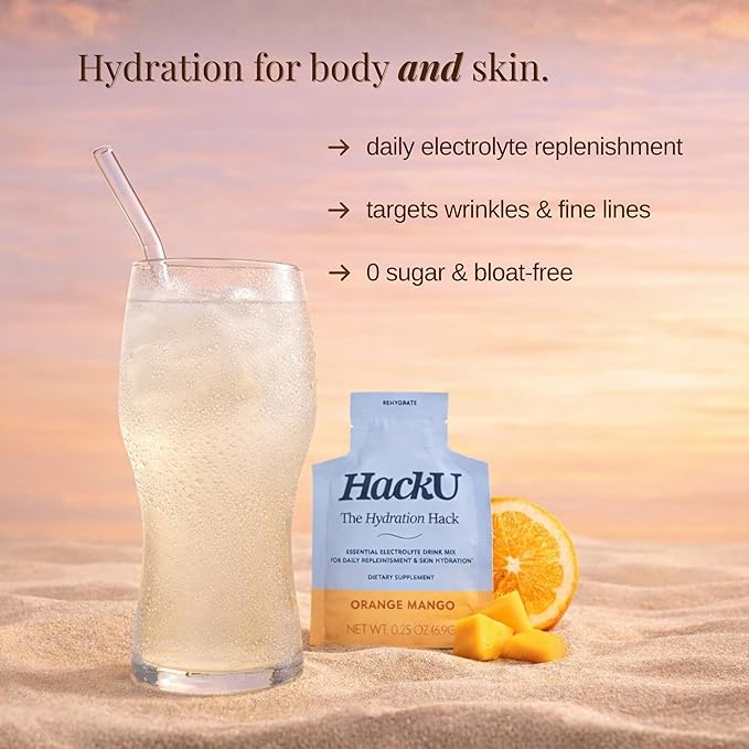 HackU Hydration Hack Electrolyte & Skin Hydration Packets – Sugar Free, Bloat-Free Drink Mix with Magnesium, Hyaluronic Acid & Ceramides for Daily Glow & Moisture Support