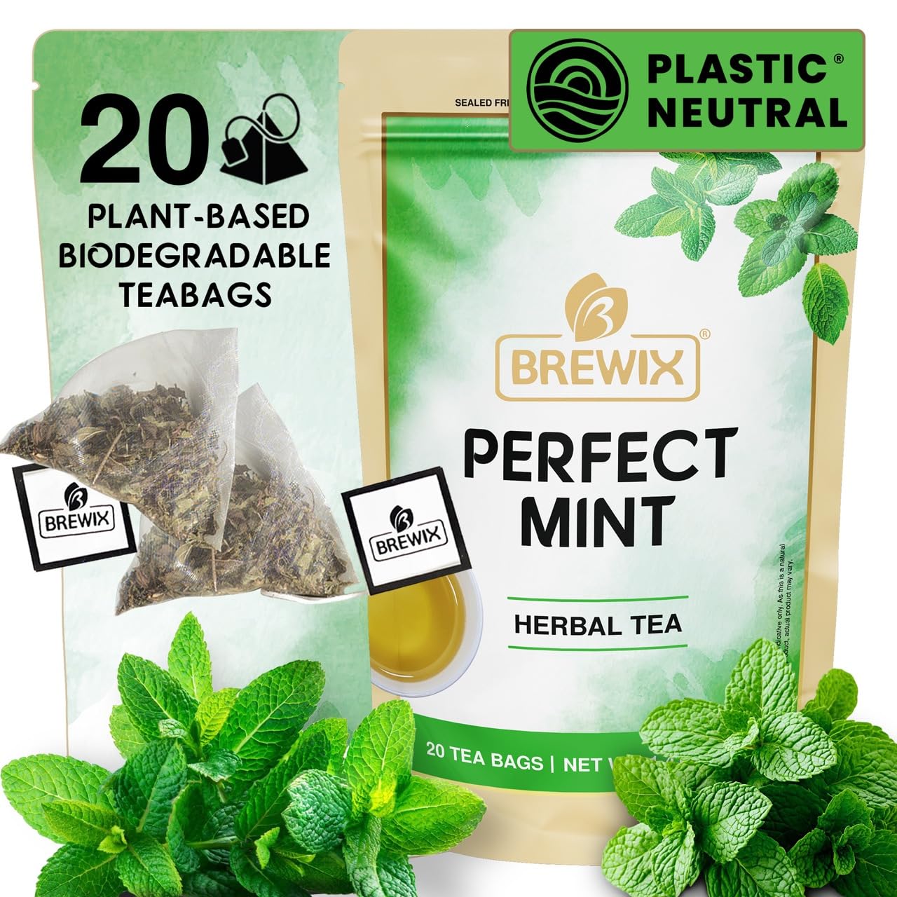 BREWIX, Moroccan Mint Tea (20 Pyramid Tea Bags) | Soothes Your Belly | Calming, Fresh and Cool | Caffeine Free Herbal Tea | No Sugar & No Caffeine