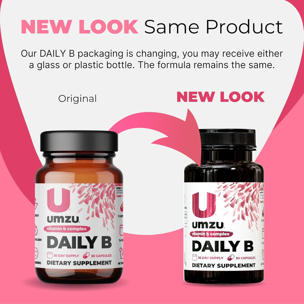 UMZU Daily B | 100% Complete Vitamin B Complex with B1, B2, B3, B5, B6, B7, B9 & B12 with Folic Acid | Supports Natural Energy Production &Cognitive Function Well (30 Day Supply | 30 Capsules)