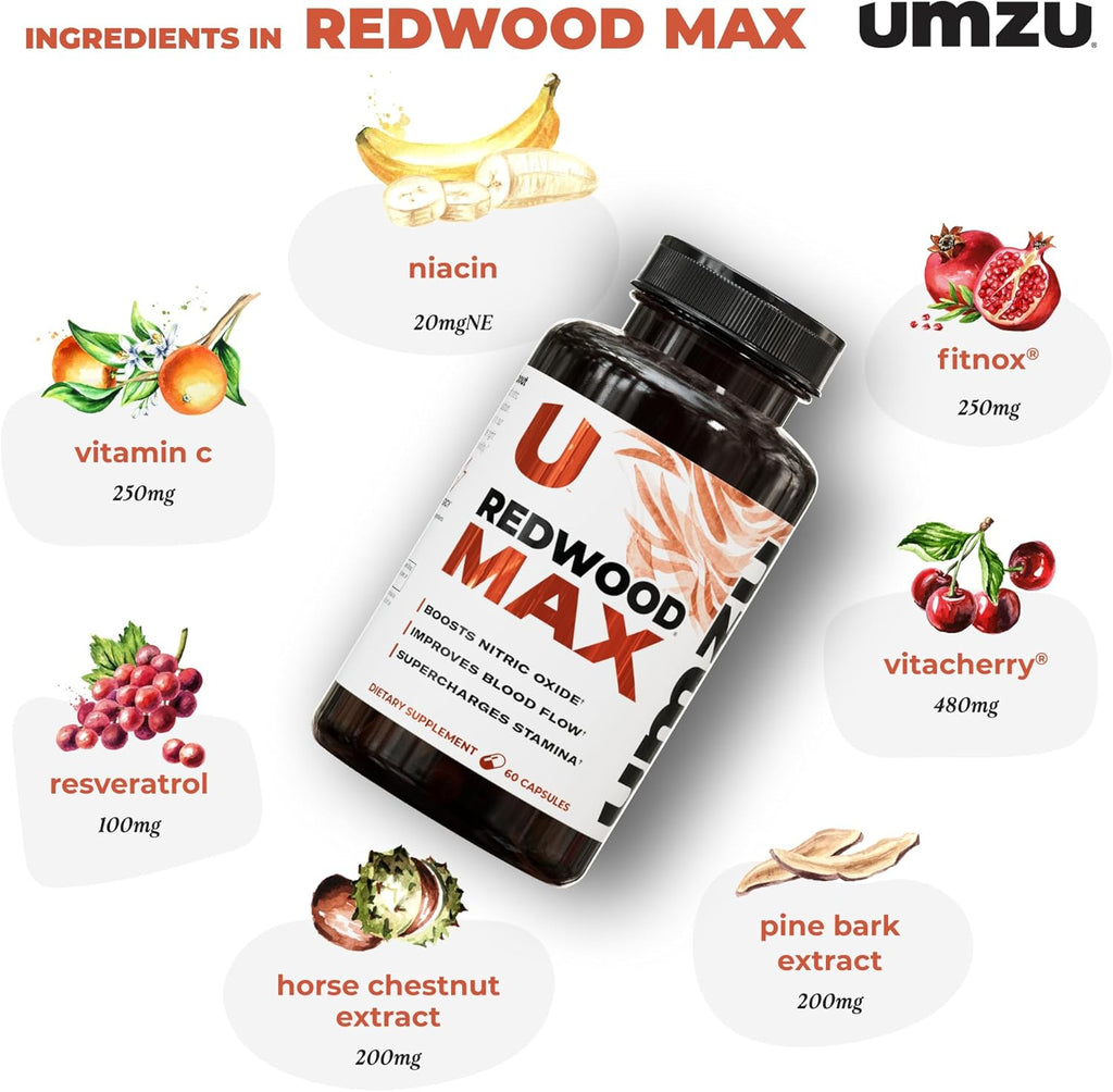 UMZU Redwood Max Nitric Oxide Booster, 1-Month Supply – Advanced Nitric Oxide Supplement with Fitnox Blend, Pine Bark, Resveratrol & Tart Cherry – Promotes Healthy Circulation, Energy and Recovery