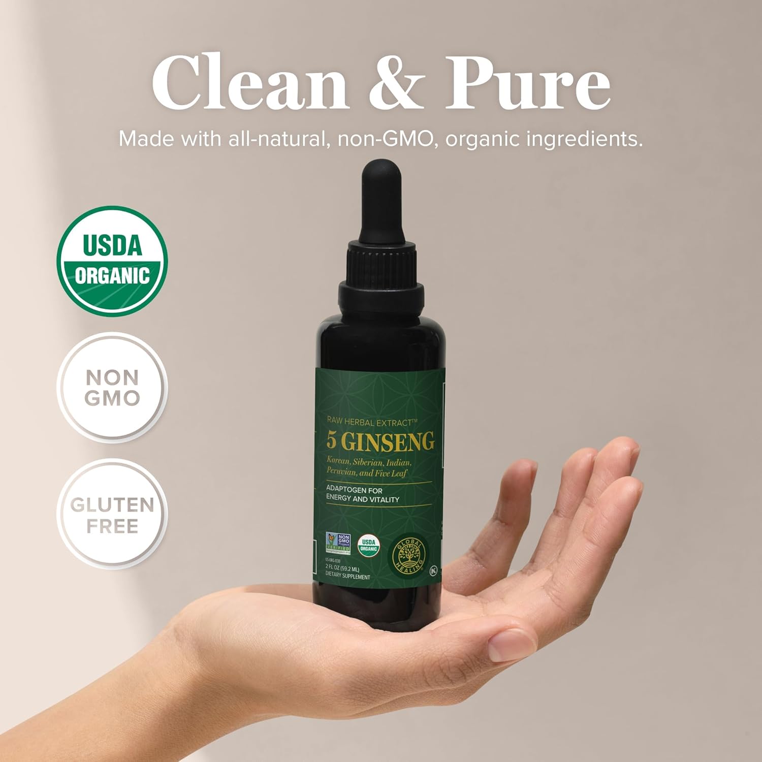 Global Healing Center - Ginseng - Organic Raw Herbal Extract - Liquid Panax Supplement Drop Promotes Energy - Korean and Siberian Ginseng Supplement, Maca, Ashwagandha - Non-GMO - 2 Fl Oz