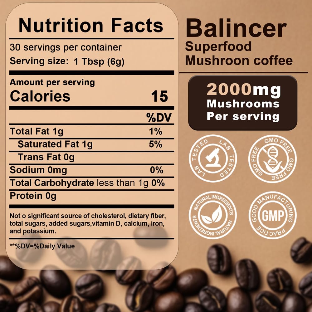 Mushroom Coffee, 6 Adaptogenic Mushrooms (Lion's Mane, Cordyceps, Turkey Tail & Other) Mixed with Premium Instant Coffee for Focus, Energy, Immune and Gut Health Support, 30 Servings