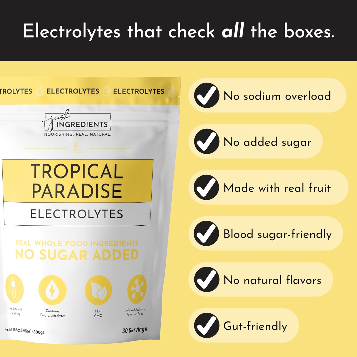 JUST INGREDIENTS Tropical Paradise Electrolytes Drink Mix - Coconut Water, Sea Salt, Trace Minerals - 30 Servings