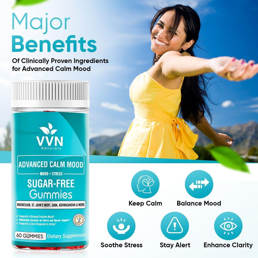 Sugar Free 22 in 1 Calm Mood Gummies St. John's Wort, 5-HTP, GABA, Ashwagandha| Magnesium Glycinate Gummies | Non-GMO, Natural Support Stress & Relaxation, Mood & Energy | Vegan, 60 ct.