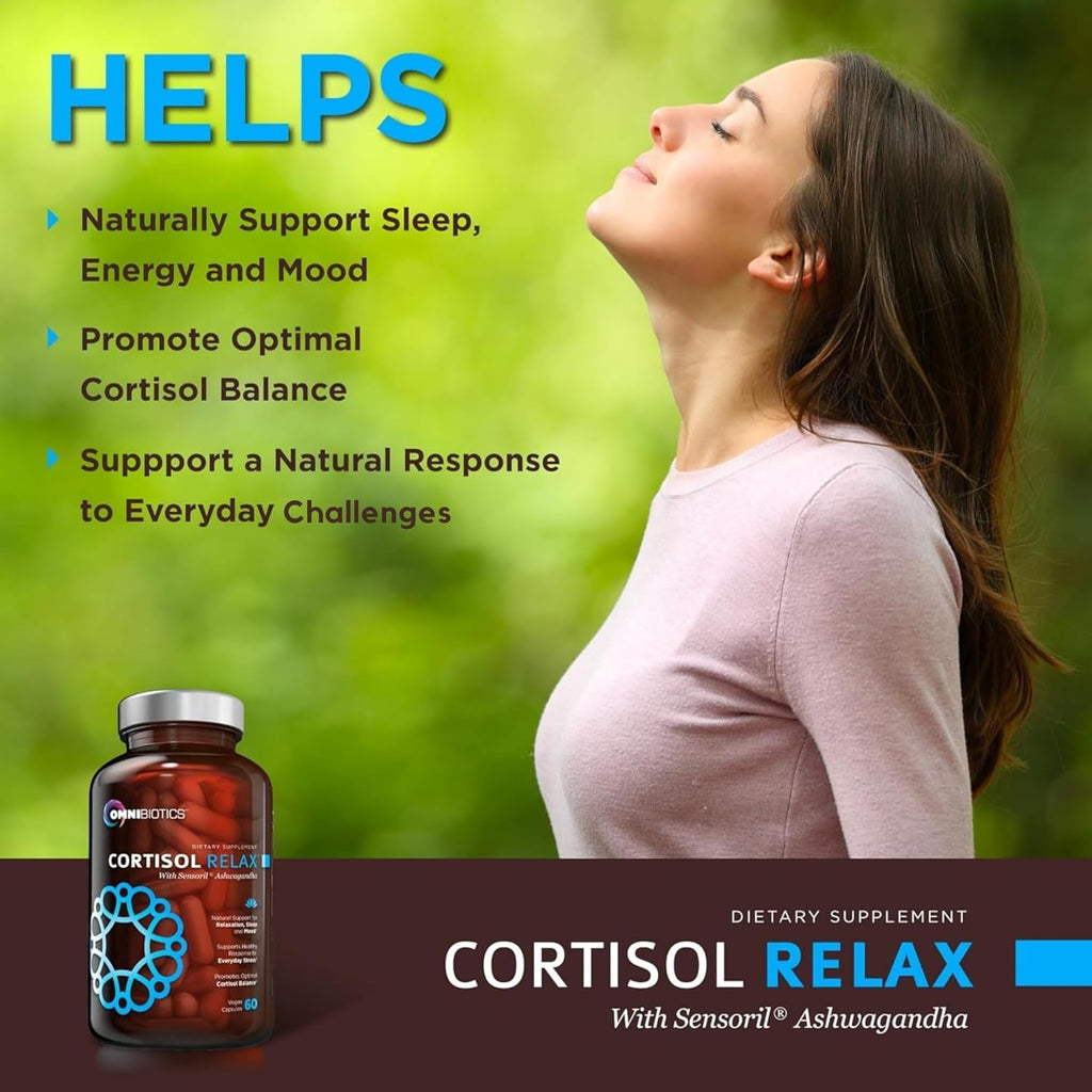 OmniBiotics Cortisol Supplement for Women and Men - High Cortisol Manager with Ashwagandha, L-Theanine, Magnolia Extract, Phosphatidylserine to Support Relaxation, Calm, Detox - 60 Vegan Capsules