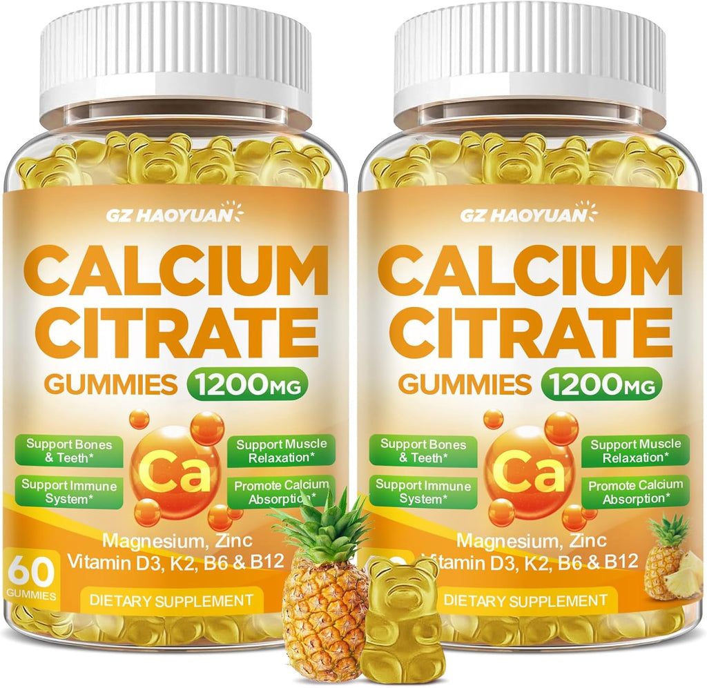 Calcium Citrate Gummies - 1200mg Calcium Gummies Supplements for Women & Men with Vitamin D3, K2, Magnesium, Zinc High Absorption for Bone, Muscle & Immune Support, Pineapple Flavor, 120 Count