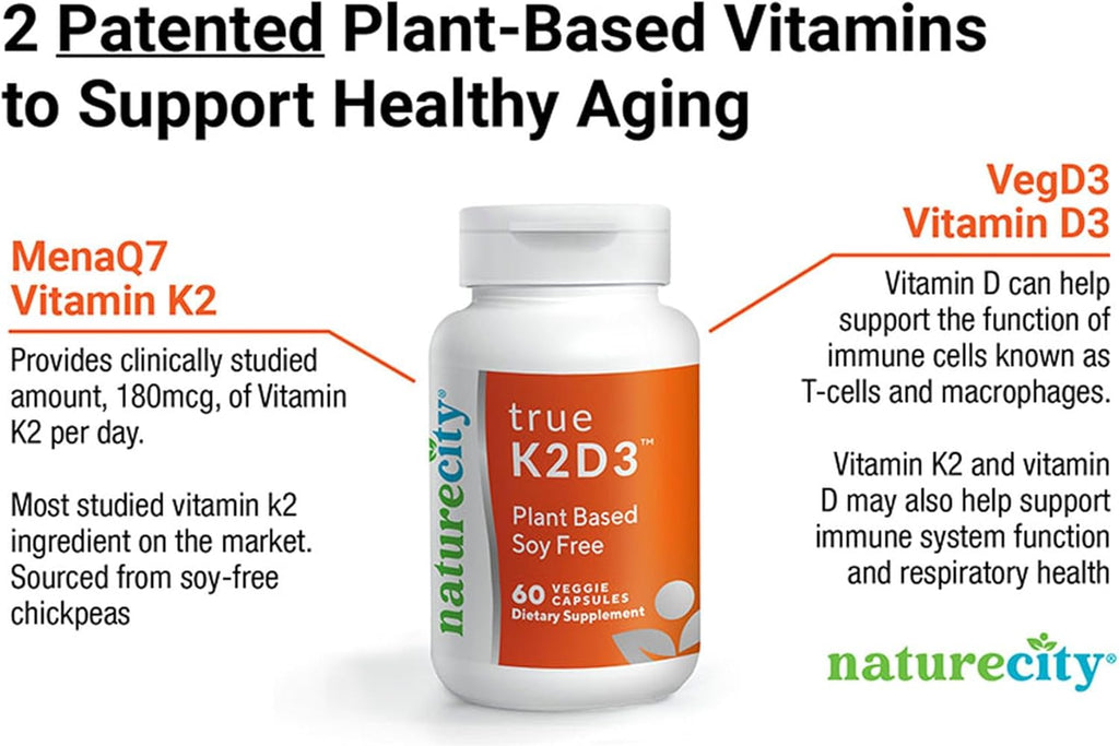 NatureCity TrueK2D3 Plant Based Vitamin K2 MK7 (90 mcg) & D3 from Algae(2,500 IU) 2 in 1 Vitamin D3 K2 Supplement for Bone, Heart and Immune Health – 60 Veggie Capsules